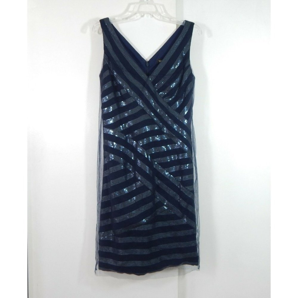 TADASHI SHOJI stunning shift sheath cocktail sequins tulle party evening blue 8